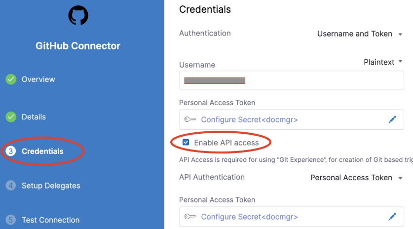 New Git Connector form with Enable API access checkbox selected