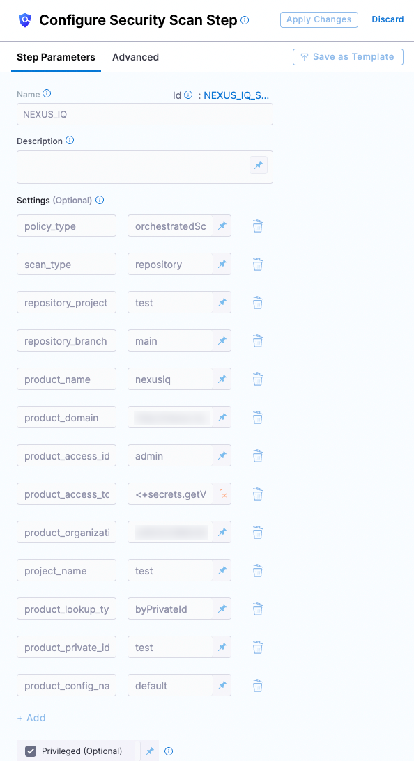 Configuring a Nexus scan in a Security step